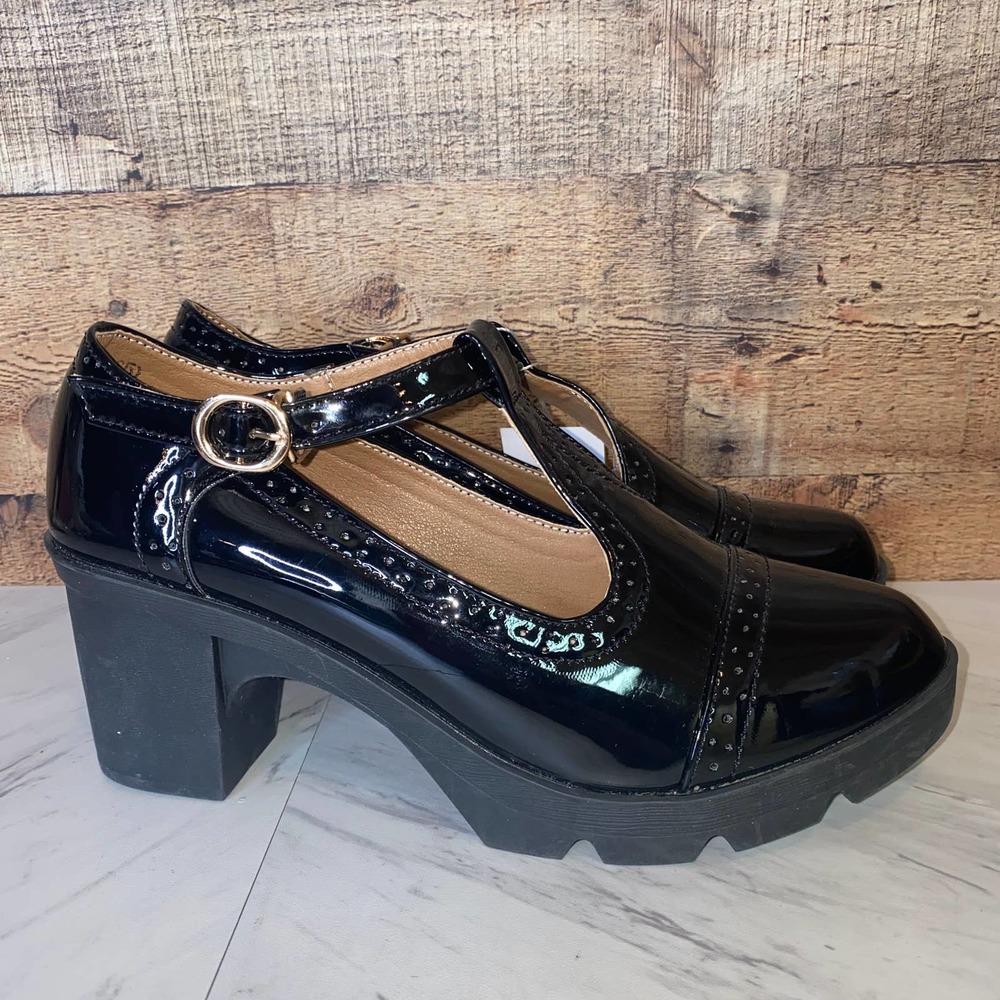 Dadawen Black Patent Leather Chunky Mary Jane Heels New with Tags Size 43